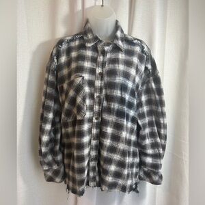 BDG Urban Outfitters Navy Plaid Hi-Low Flannel‎ Shirt Frayed Grunge Size 0439